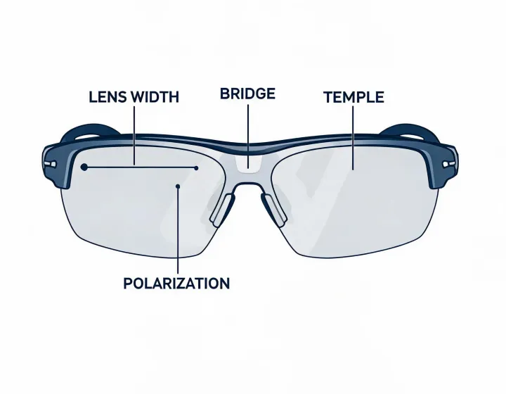 Golf sunglasses specification worksheet illustration, not a premises map