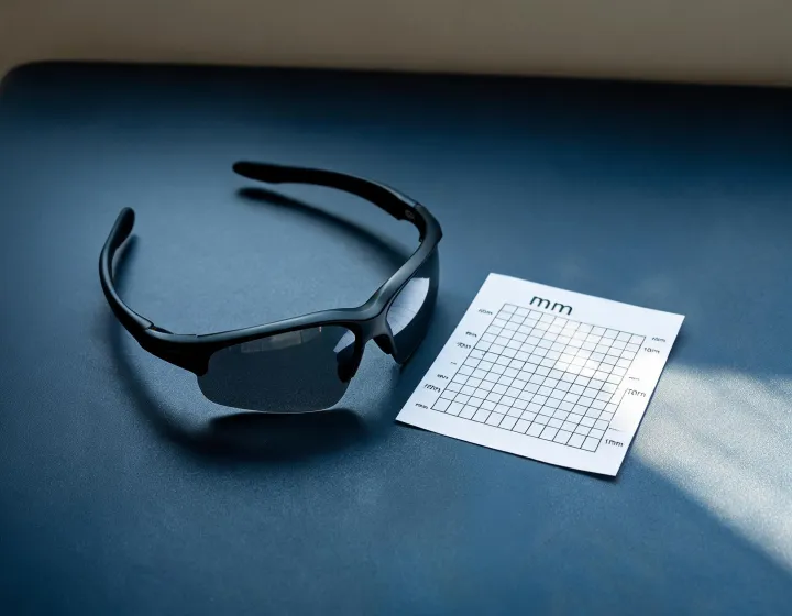 Unbranded golf sunglasses on a specification desk with a sizing chart